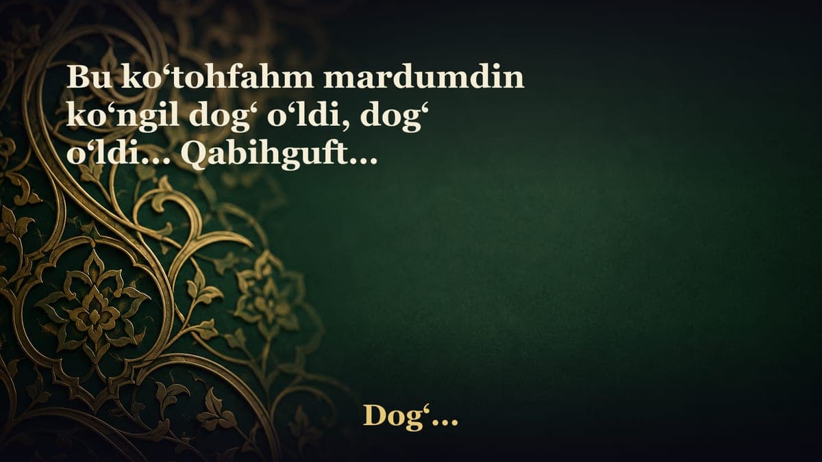 Bu ko‘tohfahm mardumdin ko‘ngil dog‘ o‘ldi, dog‘ o‘ldi... Qabihguftor mardumdin ko‘ngil dog‘ o‘ldi, dog‘ o‘ldi...…