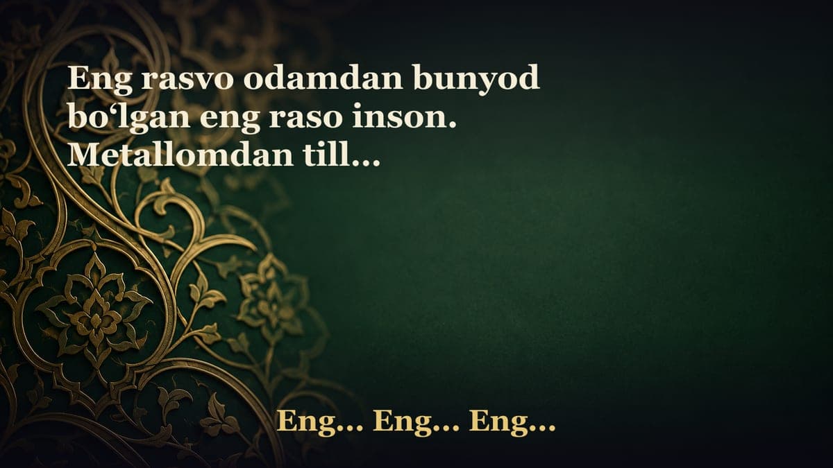 Eng rasvo odamdan bunyod bo‘lgan eng raso inson. Metallomdan tillo, makulaturadan diynor. «G‘azabxona» غرفة الغضب…